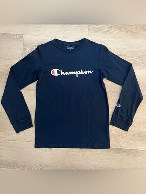 Champion Black Long Sleeve Logo Tee with Red & White Accent